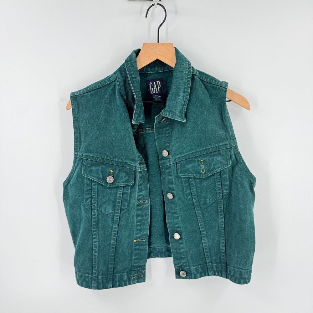 Vintage 90s GAP Denim Vest Dark Green Medium Cotton Trucker Sleeveless Jacket